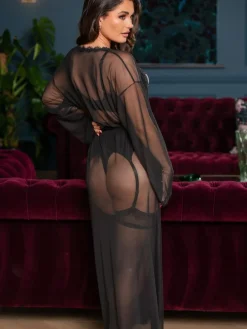 Pour Moi Black Boudoir Mesh & Lace Maxi Gown^Women Bathrobes