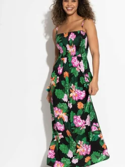 Pour Moi Black Floral Strapless Shirred Bodice Woven Maxi Beach Dress^Women Maxi Dresses