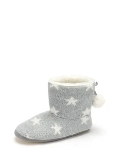 Pour Moi Grey Star Knit Faux Fur Lined Bootie Slippers^Women Slippers