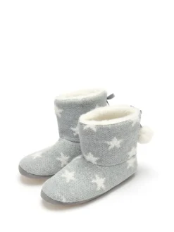 Pour Moi Grey Star Knit Faux Fur Lined Bootie Slippers^Women Slippers
