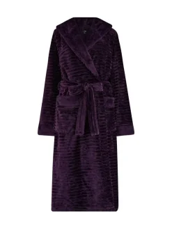 Clearance Pour Moi Cosy Ribbed Fleece Midi Hooded Dressing Gown Purple