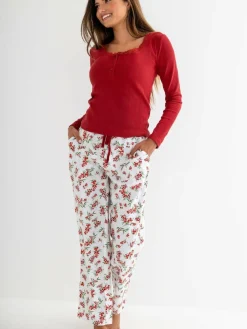 Pour Moi Red Rib Jersey Lace Trim Henley Top and Brushed Cotton Pyjamas Set^Women Pyjamas