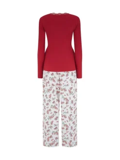 Pour Moi Red Rib Jersey Lace Trim Henley Top and Brushed Cotton Pyjamas Set^Women Pyjamas