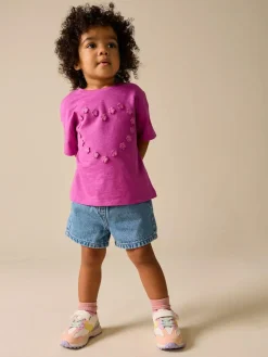 New Next Short Sleeve Heart Embroidered Top (3mths-7yrs) Purple