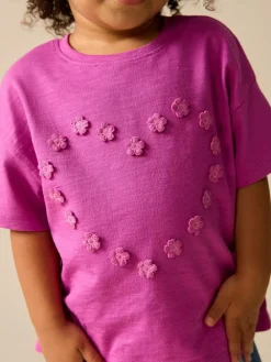 New Next Short Sleeve Heart Embroidered Top (3mths-7yrs) Purple
