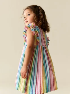 Next Rainbow Stripe Double Ruffle Sleeve Dress (3mths-8yrs)^ Baby Girls|Dresses