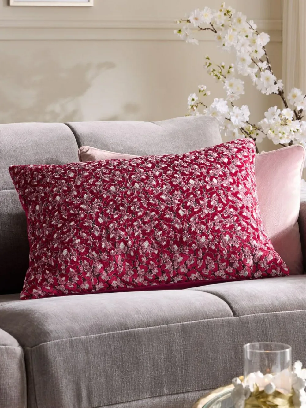 Next Raspberry Pink Raspberry Pink 40 X 59cm Cut Velvet Cherry Blossom Abstract Cushion^ Cushions & Throws