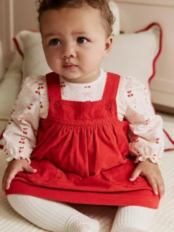 Online Next Red Bow Baby Cord Pinafore Long Sleeve Bodysuit & Tights Set (0mths-2yrs)