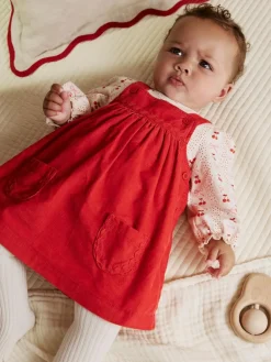 Online Next Red Bow Baby Cord Pinafore Long Sleeve Bodysuit & Tights Set (0mths-2yrs)
