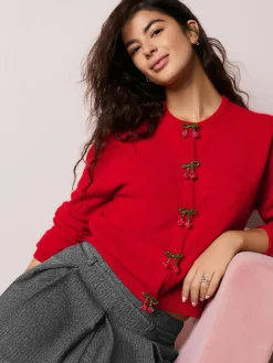 Next Red Cherry Buttons Crew Neck Knitted Cardigan With Wool^Women Occasionwear|Knitwear