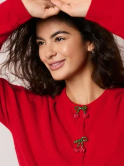 Next Red Cherry Buttons Crew Neck Knitted Cardigan With Wool^Women Occasionwear|Knitwear