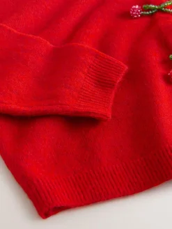 Next Red Cherry Buttons Crew Neck Knitted Cardigan With Wool^Women Occasionwear|Knitwear
