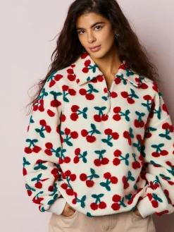 Outlet Next Red Ecru White Borg Cherry Graphic Zip Neck Fleece