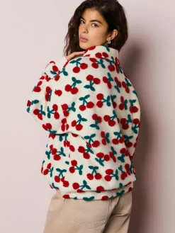 Outlet Next Red Ecru White Borg Cherry Graphic Zip Neck Fleece