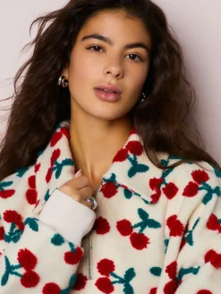 Outlet Next Red Ecru White Borg Cherry Graphic Zip Neck Fleece