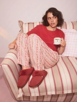 Next Red Faux Fur Lined Suede Mule Slippers^Women All Night & Lounge|Slippers