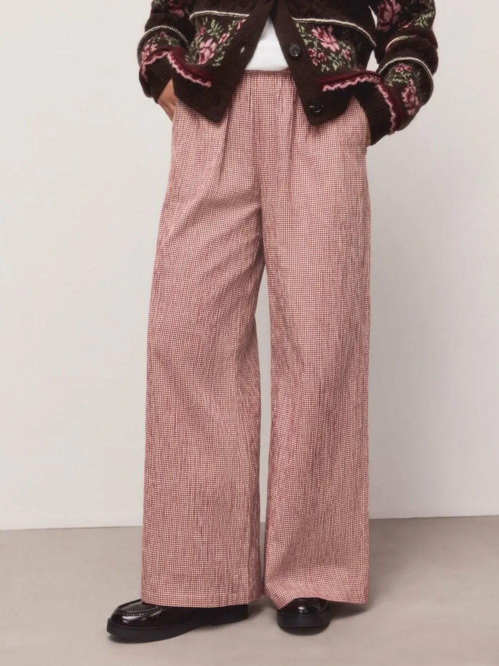 Next Gingham Wide Leg Trousers Red