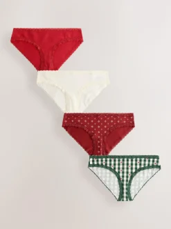 New Next Red Heart/Green Check Bikini Cotton Lace Knickers 4 Pack