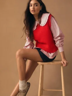 Hot Next Frill Collar Shirt Layer Knitted Tank Red Pinstripe