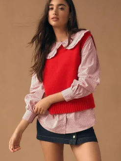 Hot Next Frill Collar Shirt Layer Knitted Tank Red Pinstripe