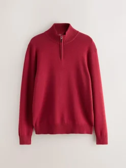 Next Red Plain N.Premium Regular Fit 100% Cotton Premium Quarter Zip Jumper^ Knitwear|Knitwear