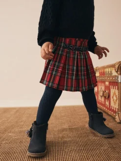 Next Red Tartan Bow Skirt with Navy Tights (3mths-7yrs)^ Shorts & Skirts