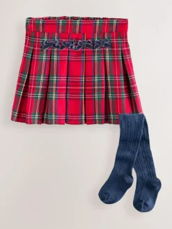 Next Red Tartan Bow Skirt with Navy Tights (3mths-7yrs)^ Shorts & Skirts