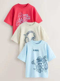 Online Next Red/Blue/Cement Regular Fit Graphic Print Short Sleeve T-Shirts 3 Pack (3-16yrs)