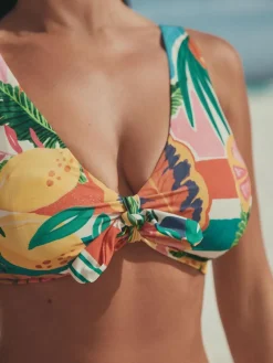 Sale Next DD+ Knot Front Plunge Bikini Top Red/Green Tropical