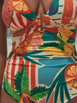 Best Next Utrim Tummy Control Plunge Swimsuit Red/Green Tropical