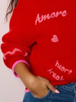 Next Red/Pink Cosy Embroidered Valentines Jumper^Women Hoodies & Sweatshirts