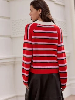 Next 100% Wool N.Premium Polo Jumper Red/Pink Stripe