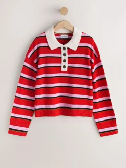 Next 100% Wool N.Premium Polo Jumper Red/Pink Stripe