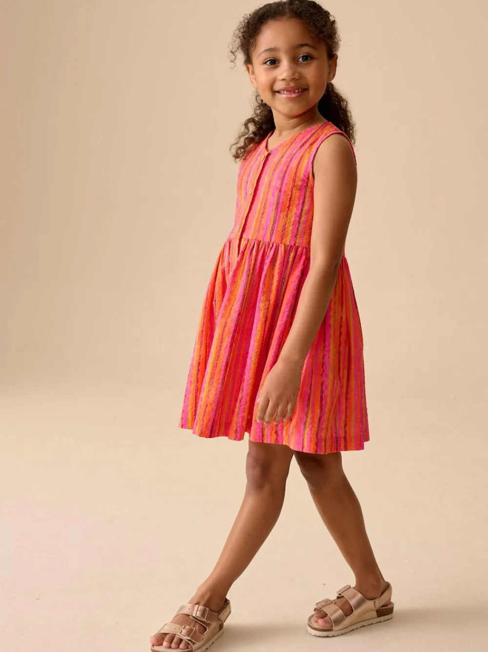 Clearance Next Stripe Short Sleeve Button Through Dress (3-16yrs) Red/Pink Stripe