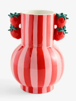 Next Red/Pink Striped Ceramic Vase with Strawberry Detail Handles^ Vases