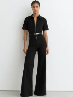 Online Reiss Black Danie Wide-Leg Zip-Through Denim Jumpsuit