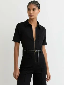 Online Reiss Black Danie Wide-Leg Zip-Through Denim Jumpsuit