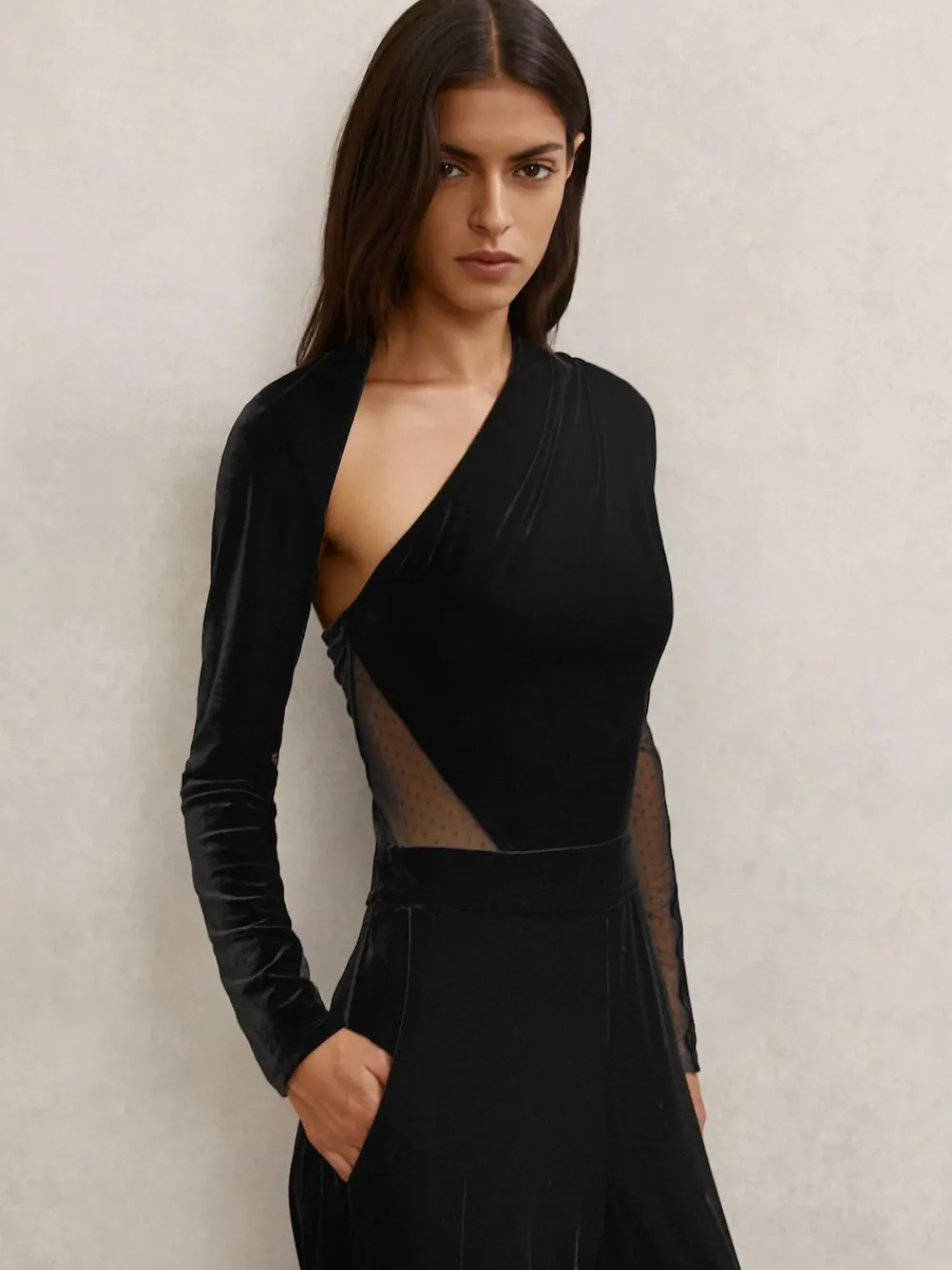 Reiss Black Karolina Velvet Sheer-Panel Wide-Leg Jumpsuit^Women Jumpsuits & Playsuits