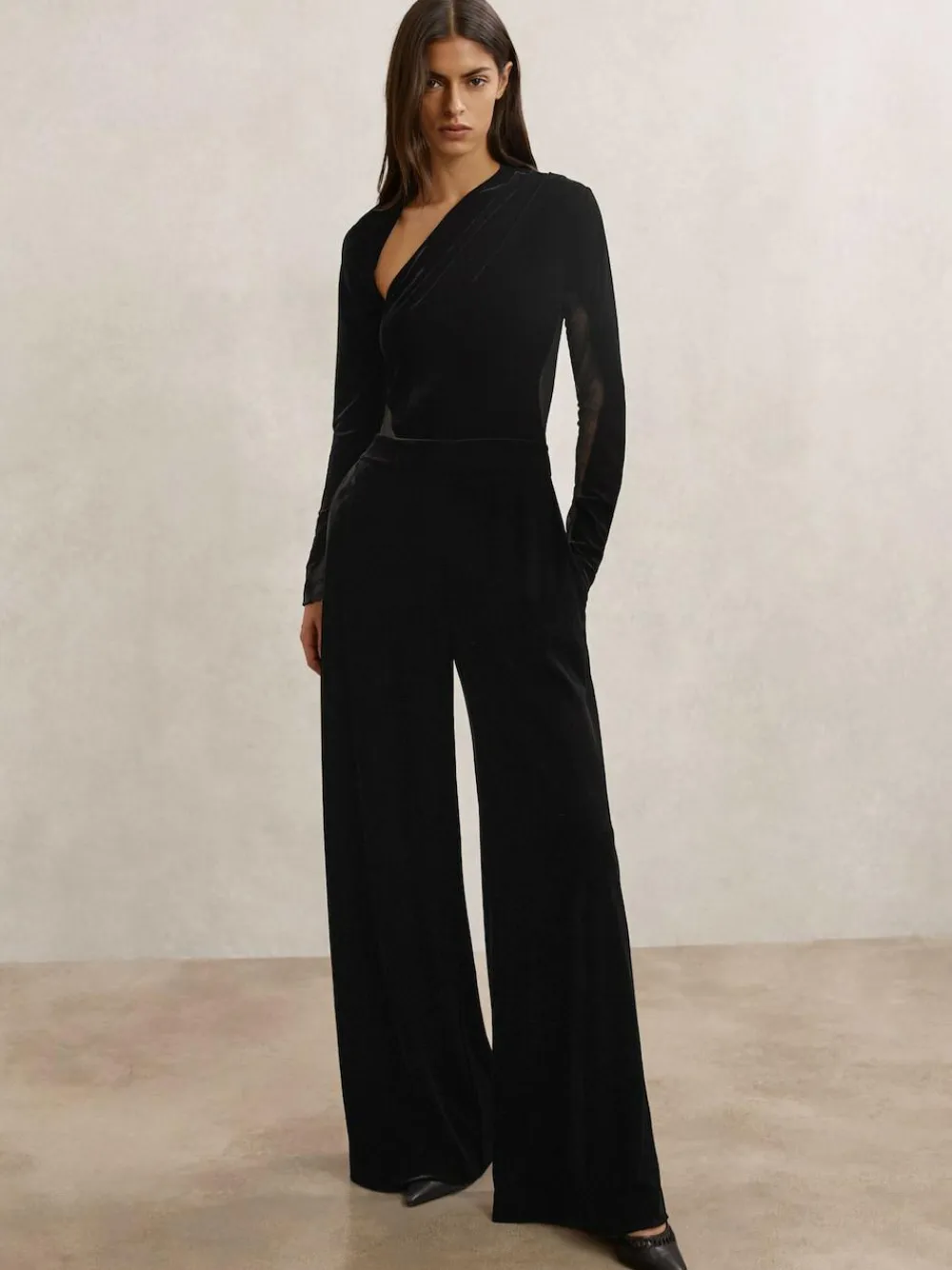 Reiss Black Karolina Velvet Sheer-Panel Wide-Leg Jumpsuit^Women Jumpsuits & Playsuits