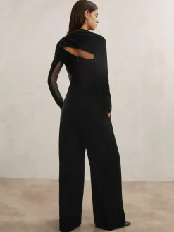 Reiss Black Karolina Velvet Sheer-Panel Wide-Leg Jumpsuit^Women Jumpsuits & Playsuits