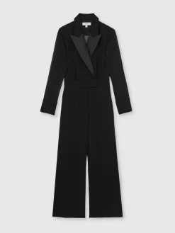 Reiss Black Perla Sheer-Sleeve Tuxedo Jumpsuit^Women Jumpsuits & Playsuits