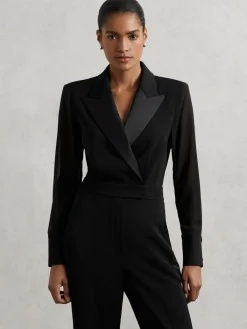 Reiss Black Perla Sheer-Sleeve Tuxedo Jumpsuit^Women Jumpsuits & Playsuits