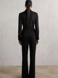 Reiss Black Perla Sheer-Sleeve Tuxedo Jumpsuit^Women Jumpsuits & Playsuits