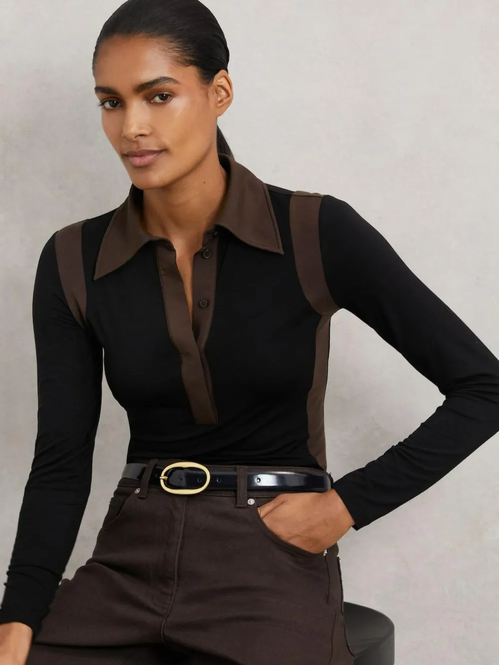 Reiss Black/Chocolate Brown Denise Jersey Colour-Block Collared Shirt