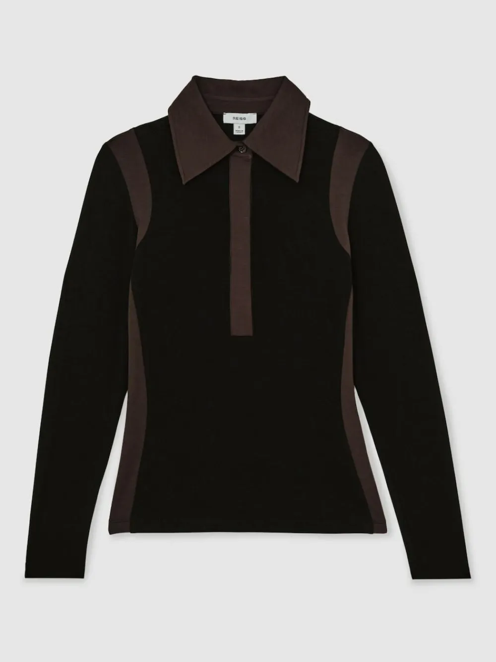 Reiss Black/Chocolate Brown Denise Jersey Colour-Block Collared Shirt