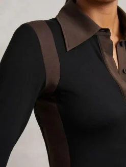 Reiss Black/Chocolate Brown Denise Jersey Colour-Block Collared Shirt