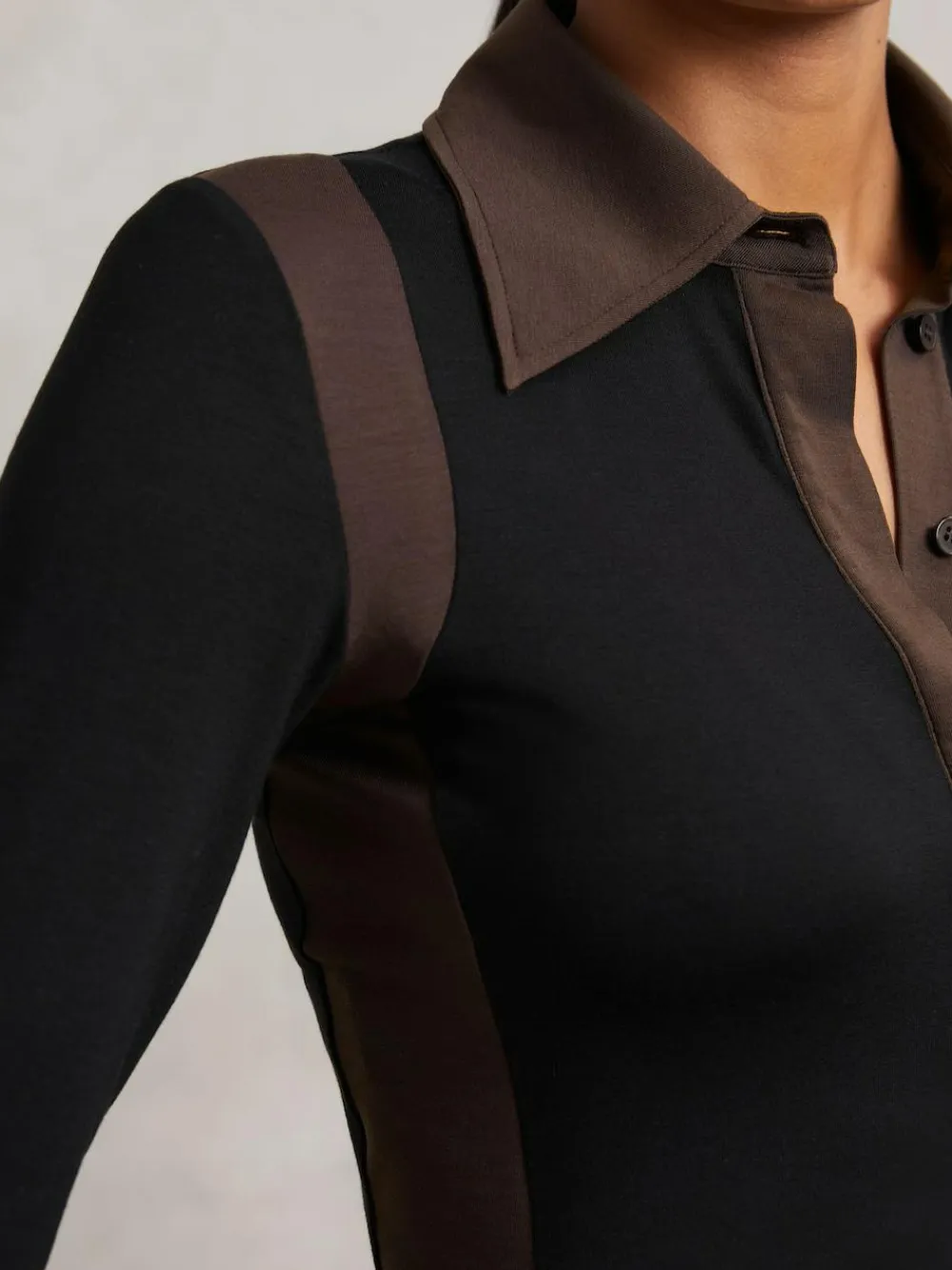 Reiss Black/Chocolate Brown Denise Jersey Colour-Block Collared Shirt