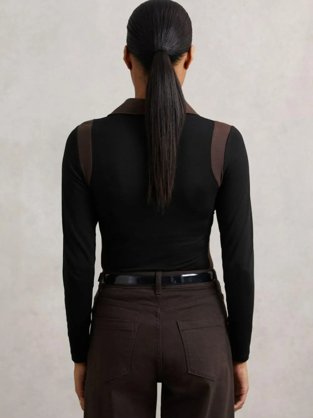 Reiss Black/Chocolate Brown Denise Jersey Colour-Block Collared Shirt