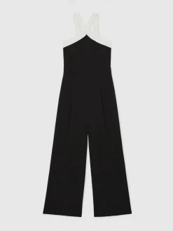 New Reiss Black/Cream Cliona Colour-Block Halter Wide-Leg Jumpsuit