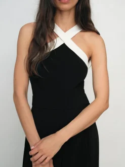 New Reiss Black/Cream Cliona Colour-Block Halter Wide-Leg Jumpsuit